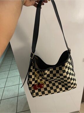 Black & Cream Checker Hobo Bag with Cherry Charm